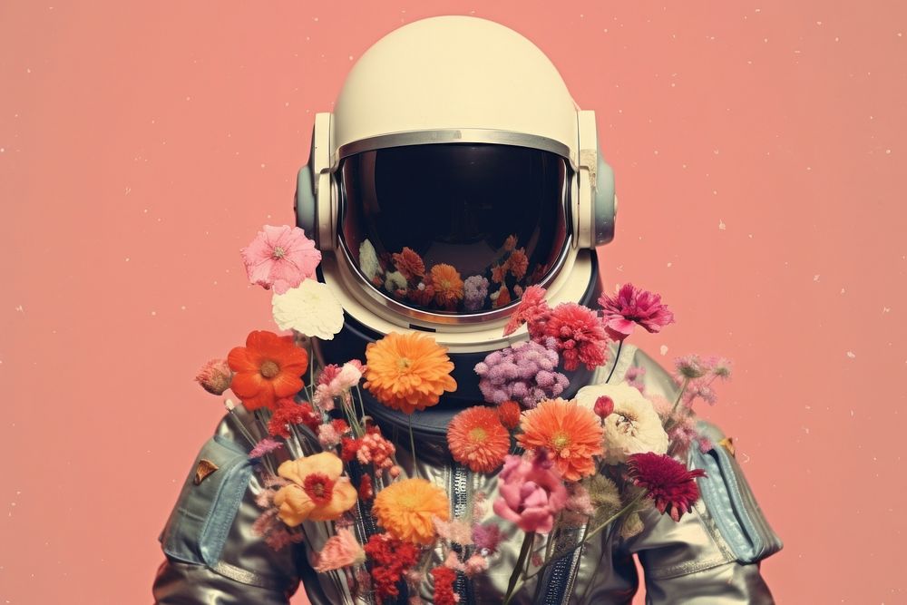 Collage Retro dreamy flower vest astronaut helmet petal.