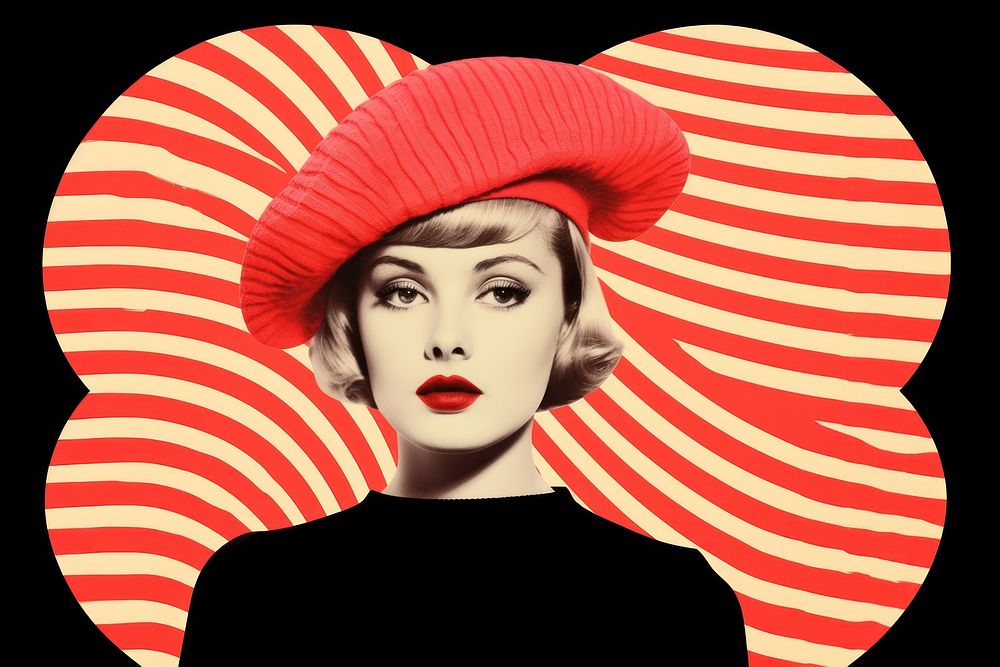 Collage Retro dreamy french beret fashion portrait adult photography.