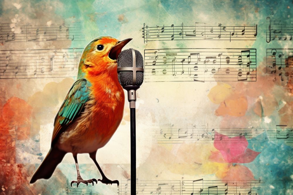 Collage Retro dreamy happy bird singing animal paper beak.