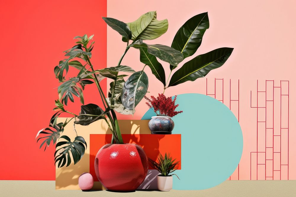 Collage Retro dreamy houseplant art fruit vase.
