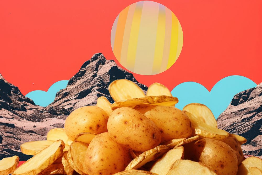 Collage Retro dreamy potatoes and chips plant food freshness.