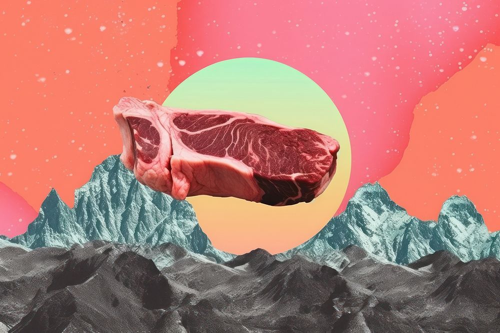 Collage Retro dreamy steak art mountain cartoon.