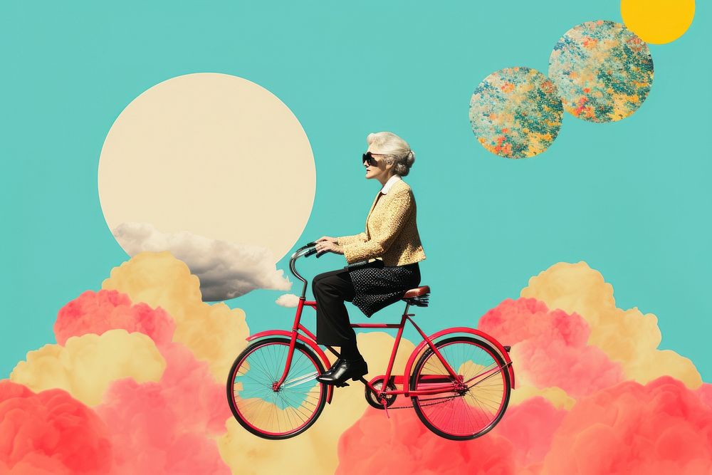 Collage Retro dreamy senior exercise bicycle vehicle cycling.