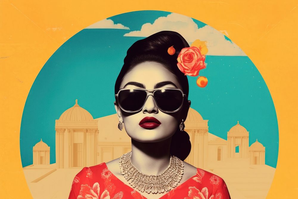 Collage Retro dreamy south asian art sunglasses portrait.