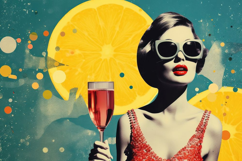Collage Retro dreamy sparkling wine sunglasses portrait drink.