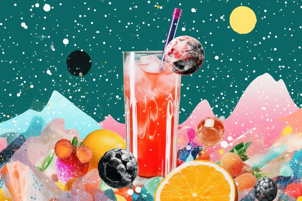 Collage Retro dreamy sparkling soda astronomy cocktail fruit.