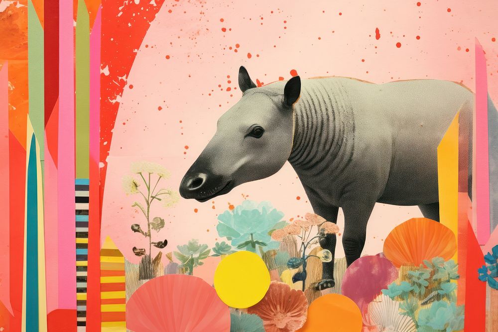 Collage Retro dreamy Tapir in the wild art mammal animal.