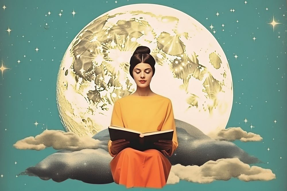 Collage Retro dreamy teenager reading on the moon astronomy adult art.