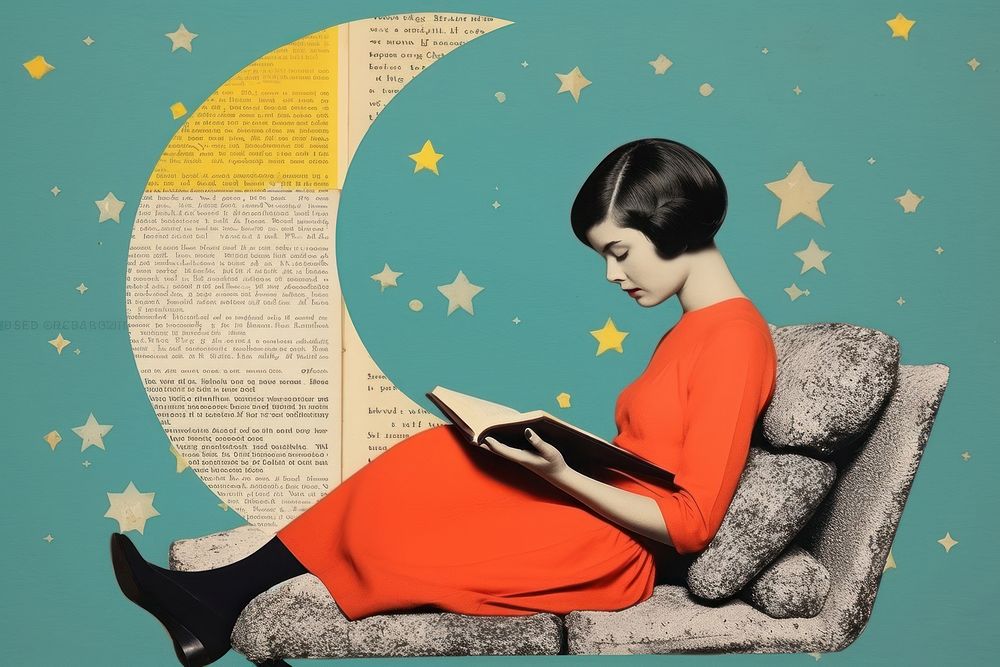Collage Retro dreamy teenager reading on the moon publication astronomy adult.