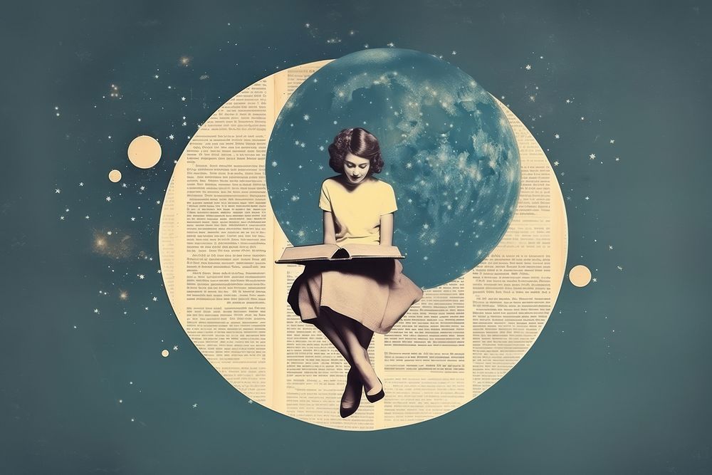Collage Retro dreamy teenager reading on the moon astronomy poster night.