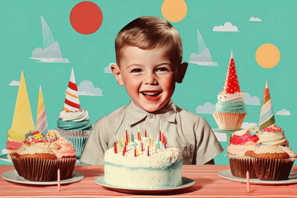 Collage Retro kid with birthday party fun dessert cupcake.