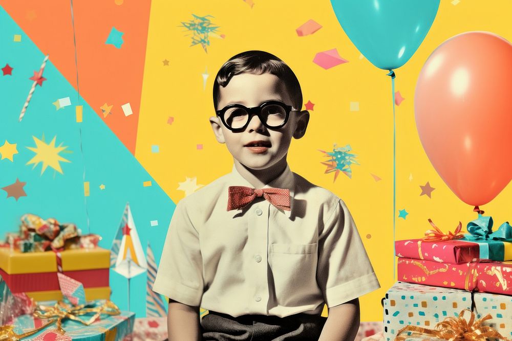 Collage Retro kid with birthday party portrait glasses balloon.