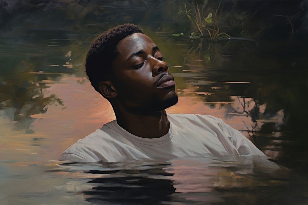 Peaceful expression black man portrait painting.