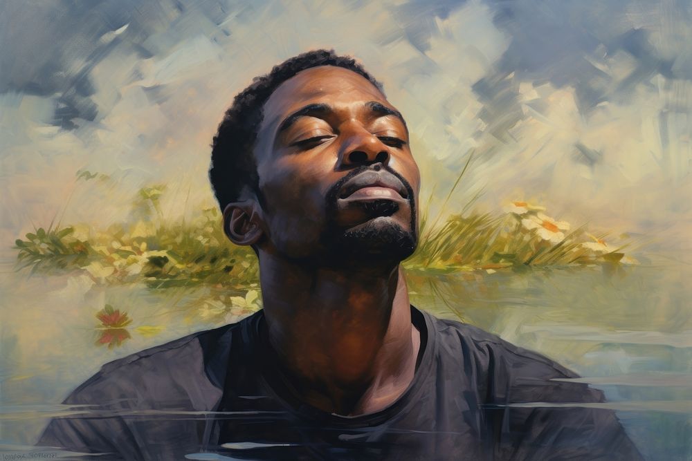 Peaceful expression black man painting portrait.