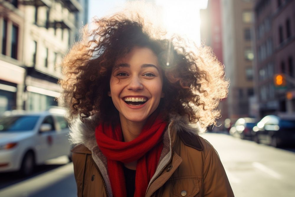 Mixed race woman travel new york cheerful portrait laughing.