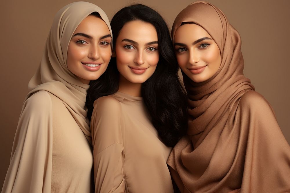 3 Middle eastern women portrait smiling people.