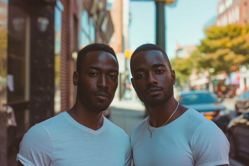 Two American African gay city photography portrait.