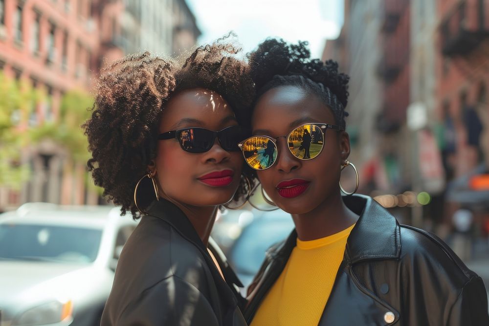 Two American African lessbian photography sunglasses portrait.