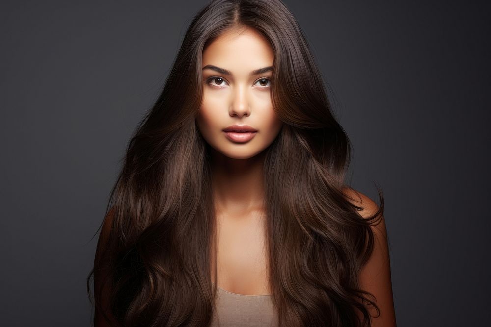 Multiracial woman with perfect long brown shiny hair portrait fashion adult.