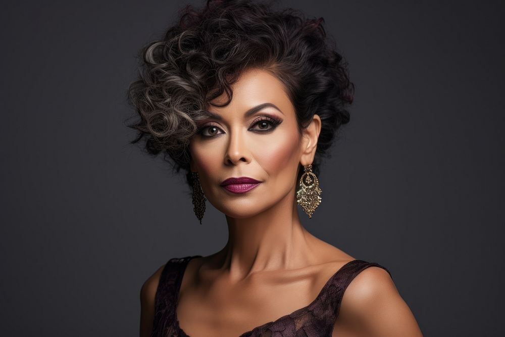 Middle aged multiracial woman wearing glamourous makeup portrait fashion photo.