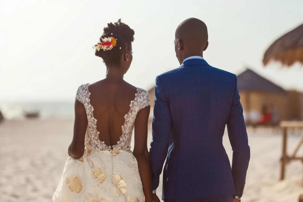 African wedding day couple man walking beach adult.