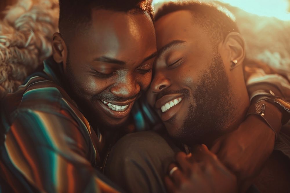 A couple of gay african american adult men affectionate.