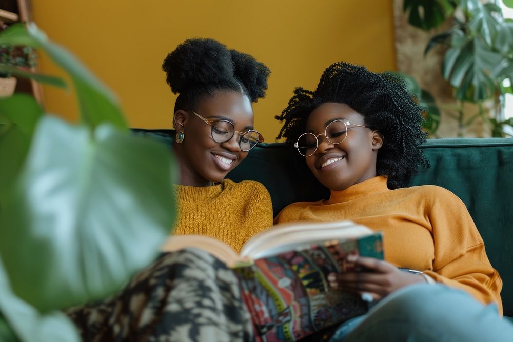 A couple of lgbt african american reading smiling sitting.