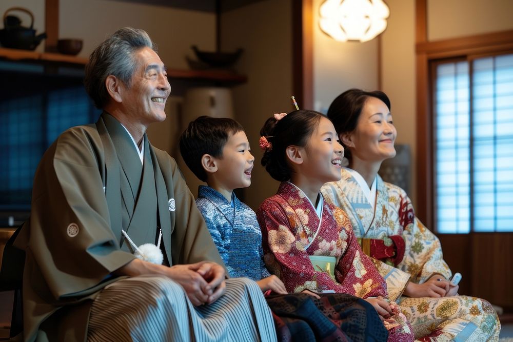Japanese family watching tv adult robe togetherness.