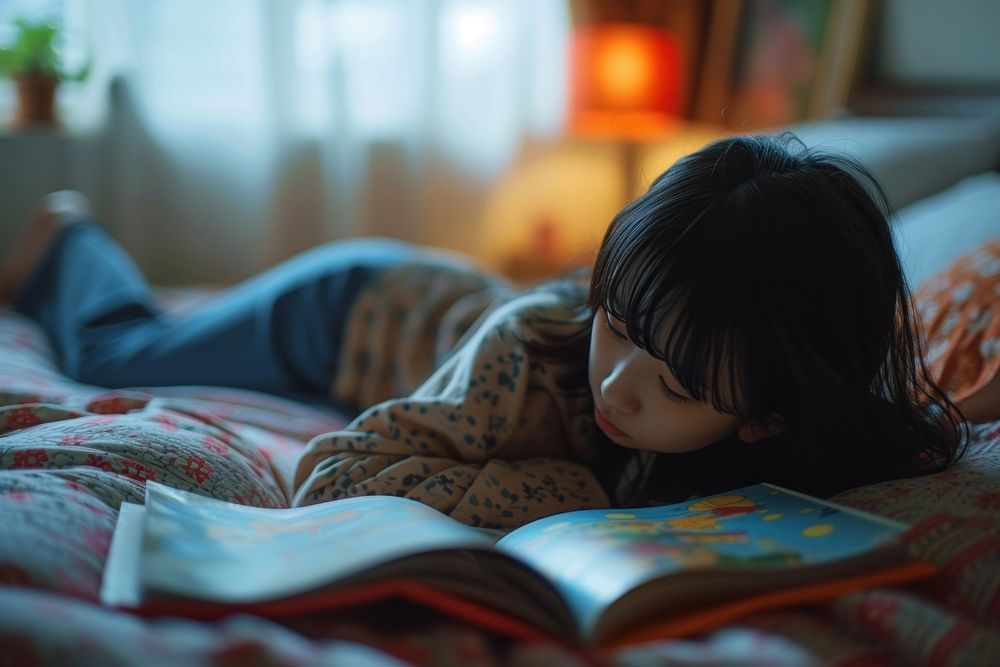 Japanese reading cartoon book in bedroom furniture blanket publication.