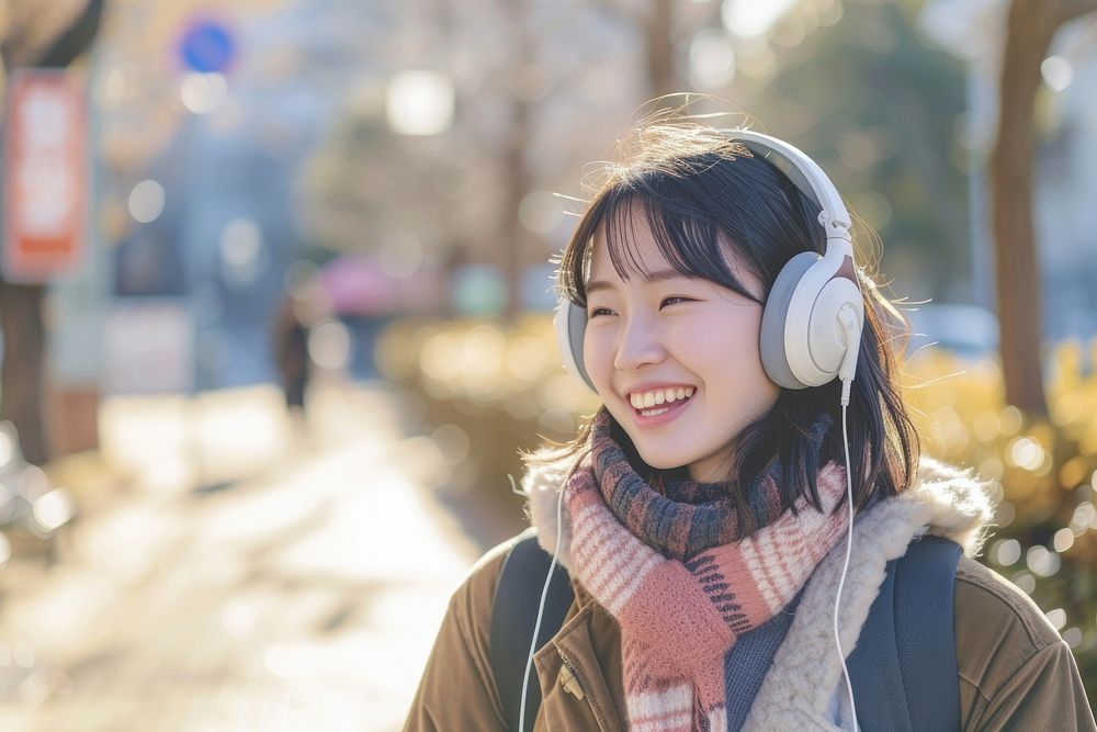 Japanese student listening music headphones headset smile.