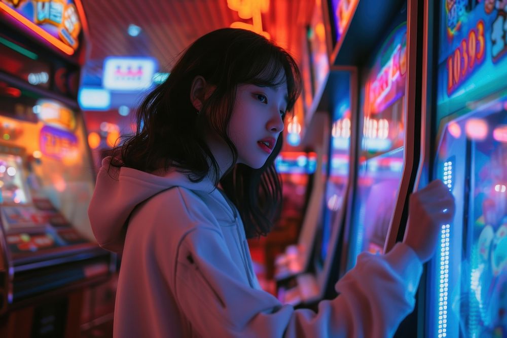 Korean teenager dancing arcade machine nightlife gambling adult.