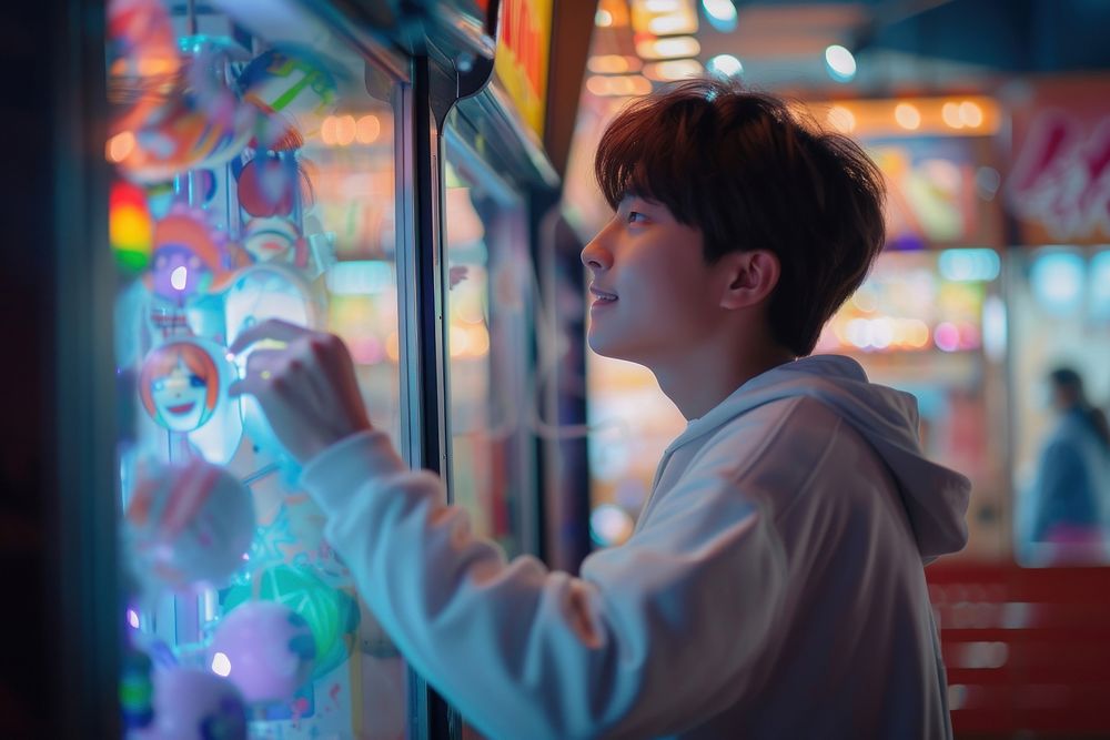 Korean teenager dancing arcade machine illuminated technology headshot.