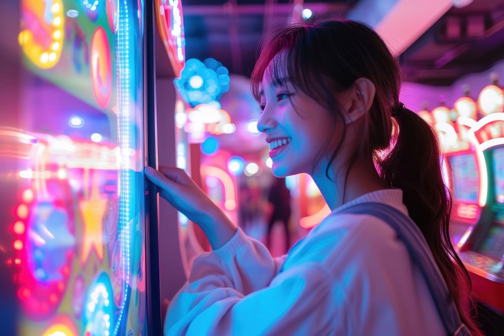 Korean teenager dancing arcade machine nightlife adult illuminated.