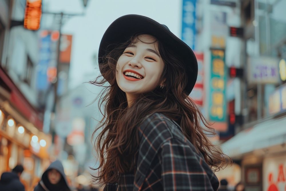 Korean vlogger live on street laughing smile adult.