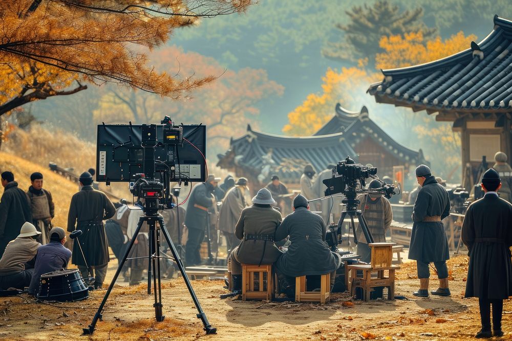 Korean Film crew outdoors autumn tripod.