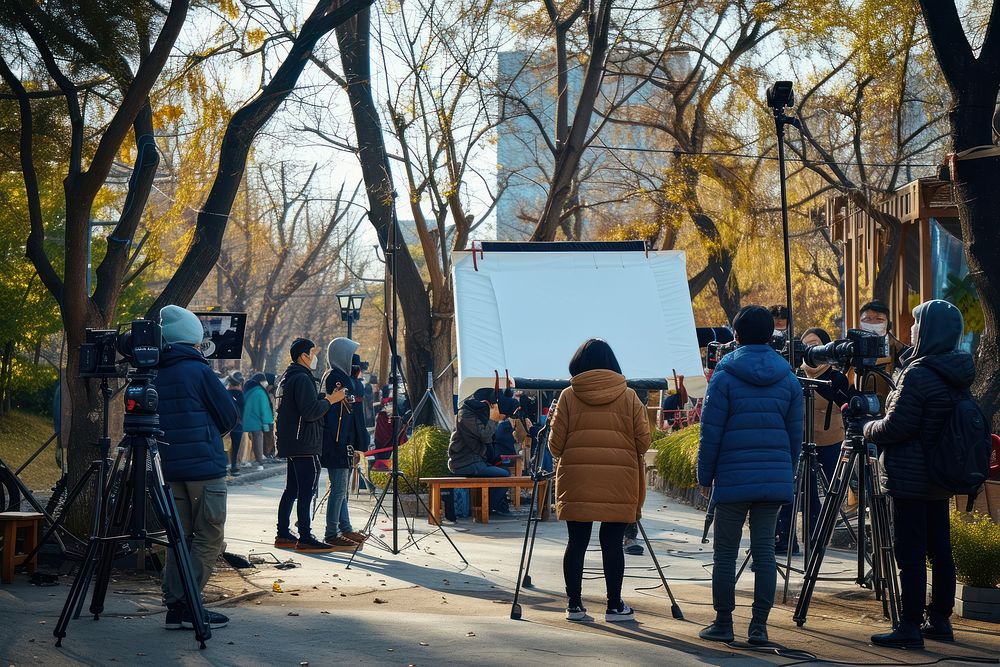 Korean Film crew outdoors tripod adult.