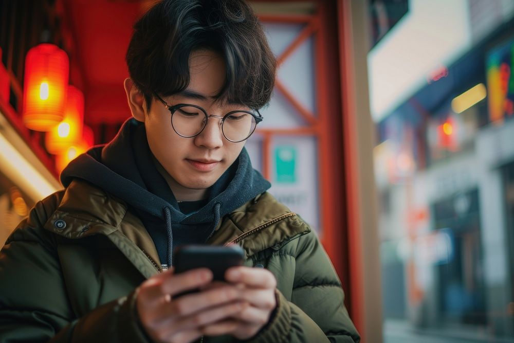 Korean playing mobile phone portrait glasses photo.