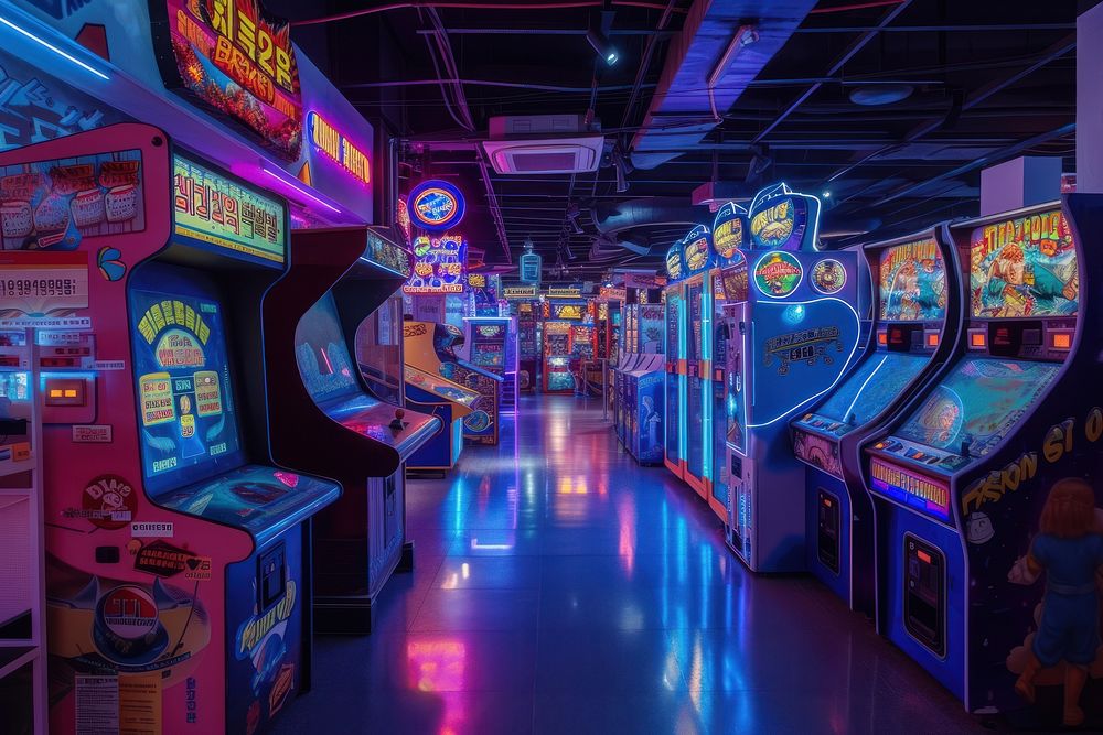 Korean playing game arcade architecture illuminated electronics.
