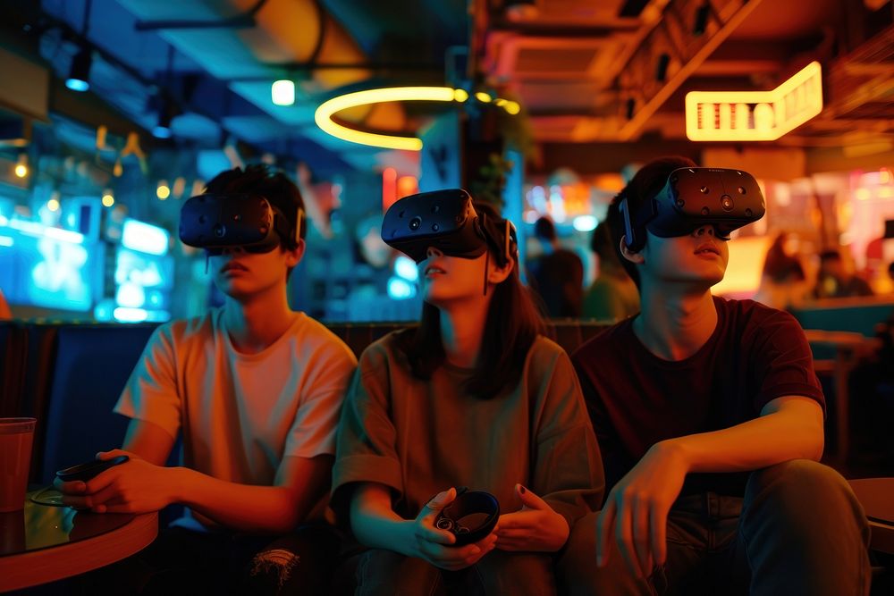 Korean playing vr with friends nightlife illuminated technology.