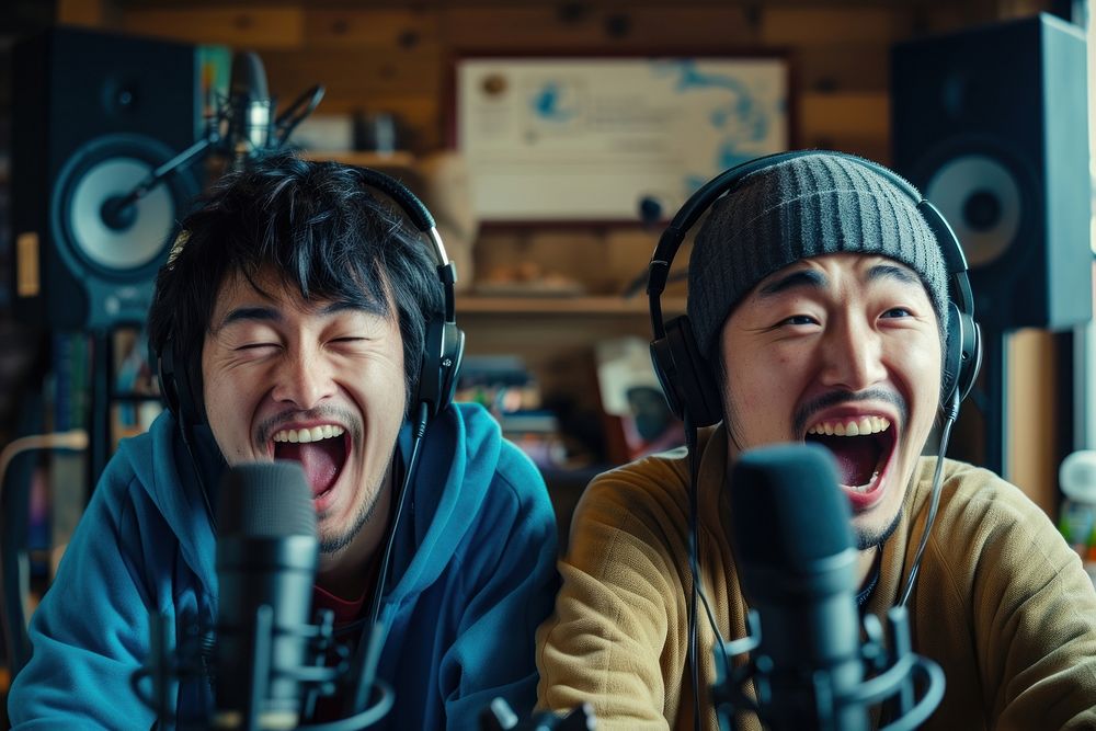 Two Japanese talking podcast microphone laughing headset.