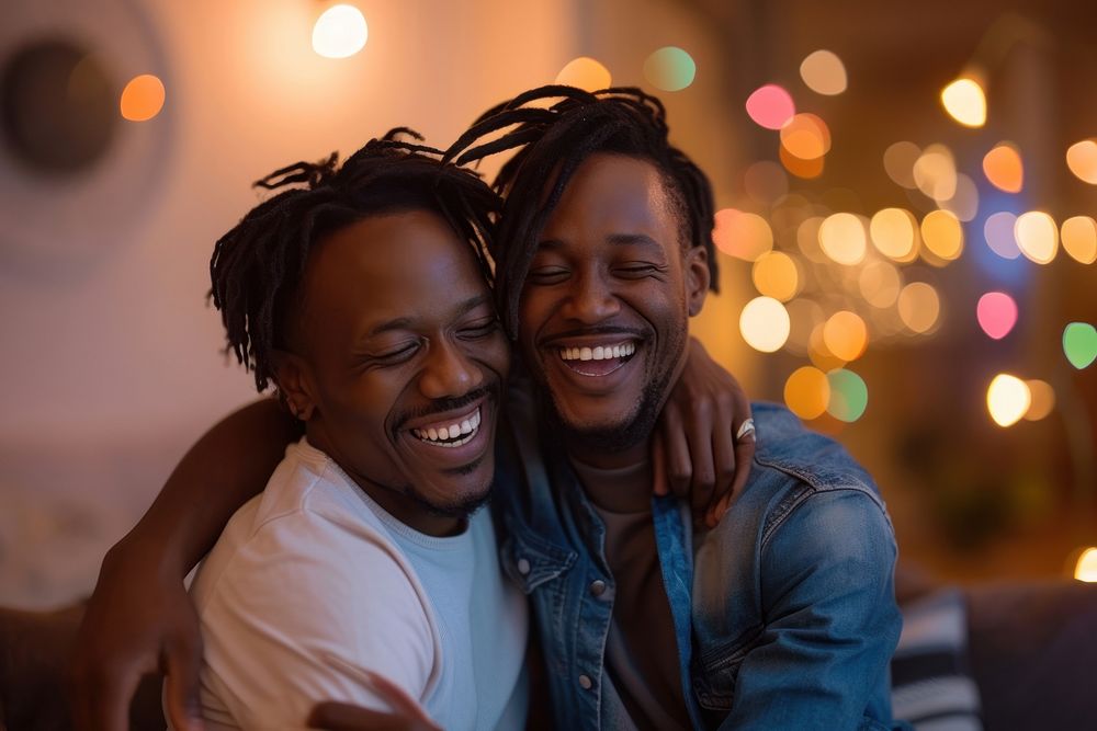 African American male happy gay couple laughing smile night.