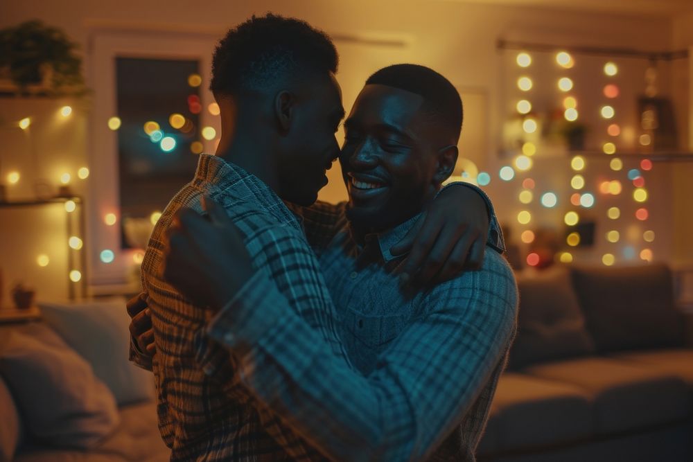 African American male happy gay couple adult night affectionate.