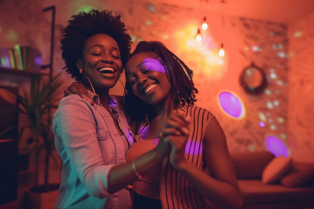 African American female happy gay couple laughing dancing adult.