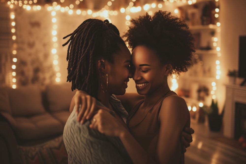 African American female happy gay couple adult night affectionate.