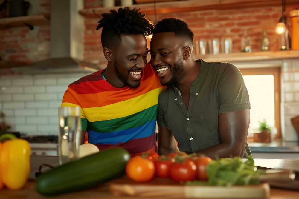 African American gay Couple kitchen photography vegetable.