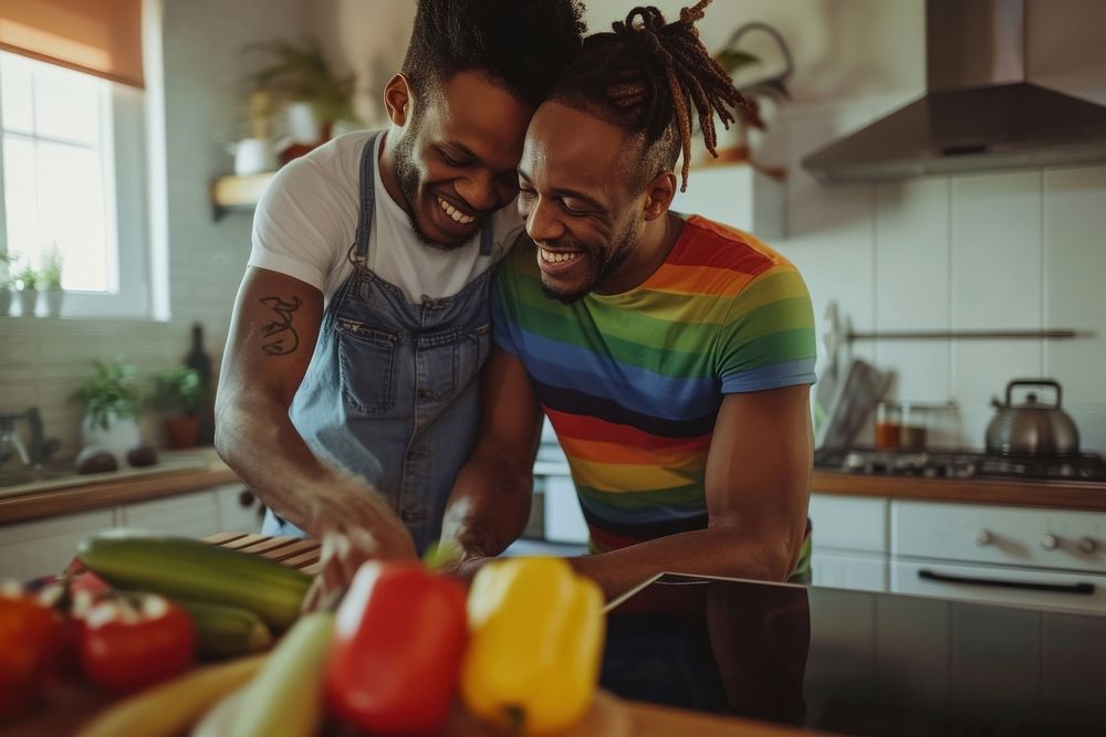 African American gay Couple kitchen cooking adult.