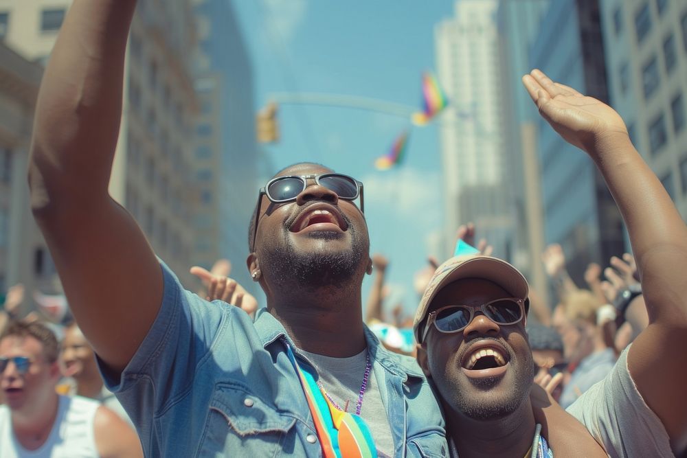 African American gay couple celebrating at a parade sunglasses adult togetherness.