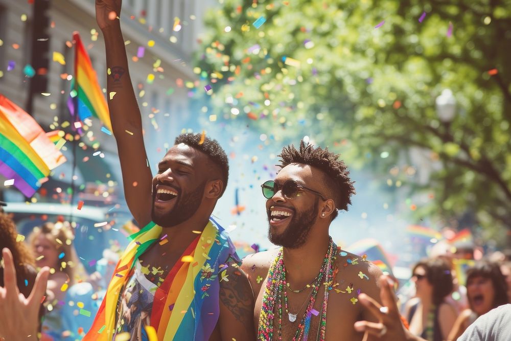 African American gay couple celebrating at a parade adult togetherness architecture.