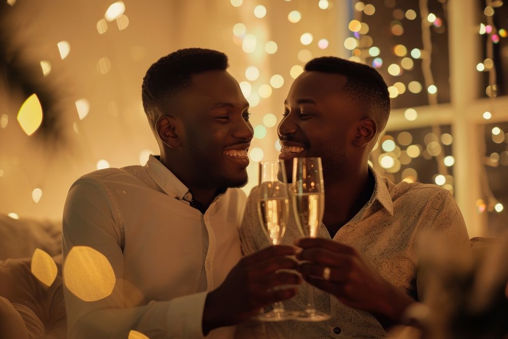 African American gay couple champagne drinking smiling.