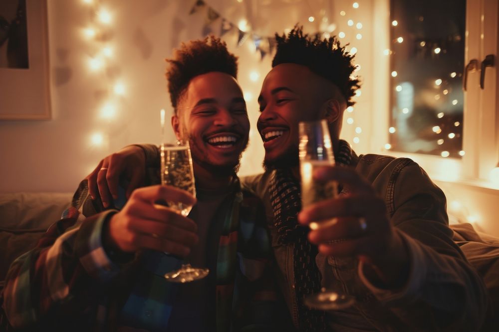 African American gay couple champagne drinking laughing.